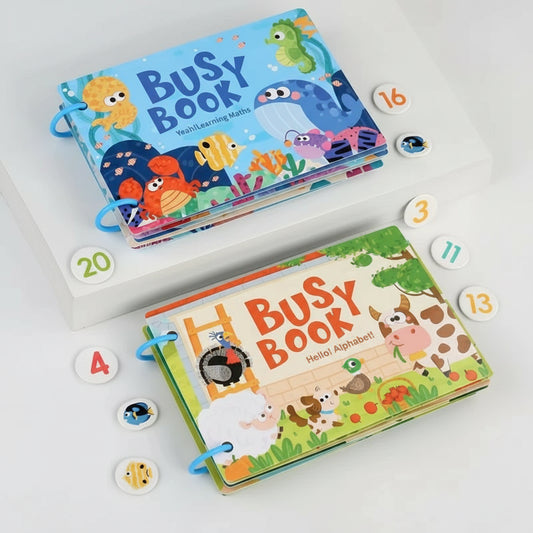 Two colorful children's busy books with animal illustrations on a white background.