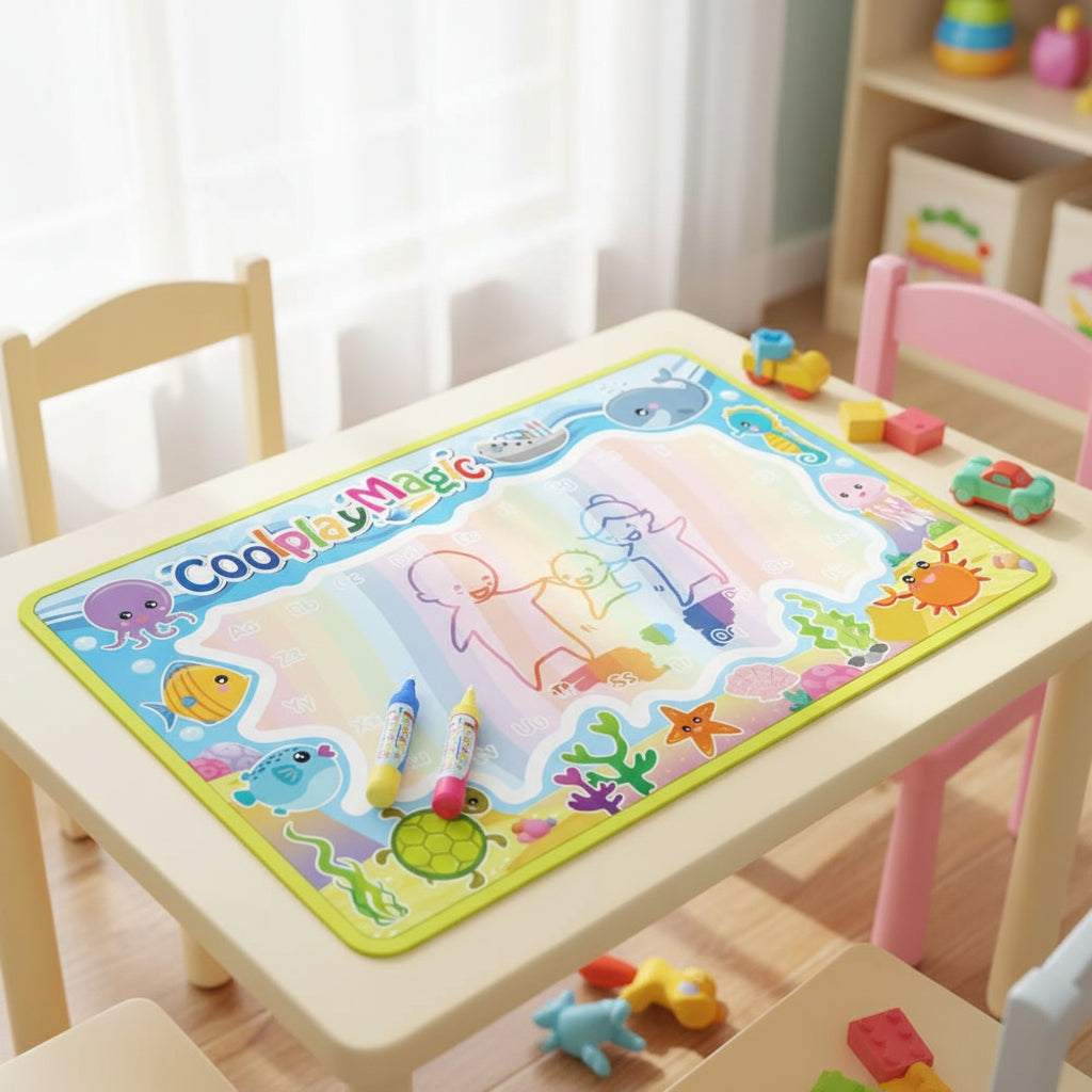 Colorful painting mat with ocean-themed design and 'Coolplay Magic' branding.