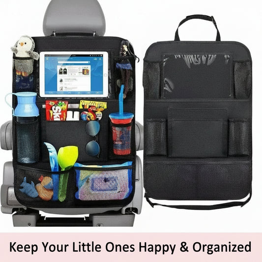 Car back multi-pocket storage bag with various compartments and a tablet stand.