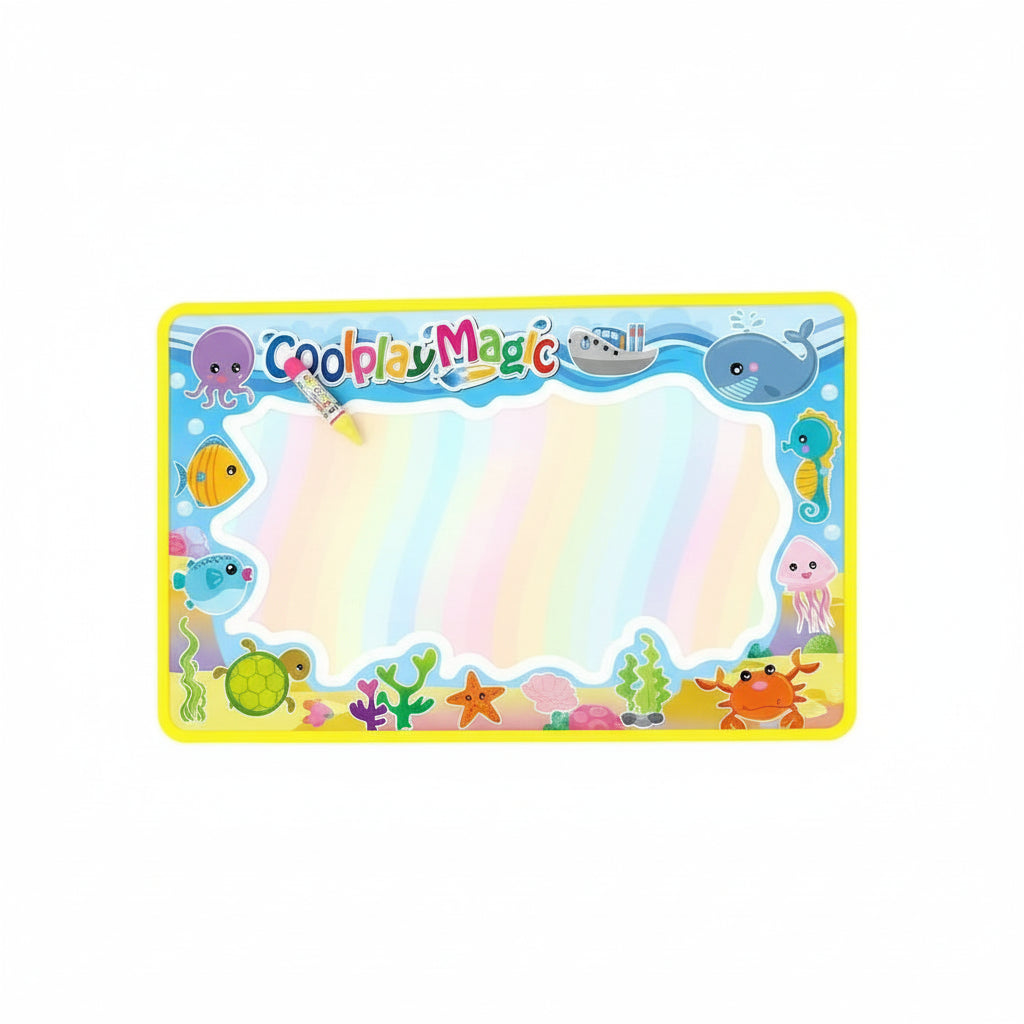 Two children playing with a colorful drawing mat on a wooden floor.